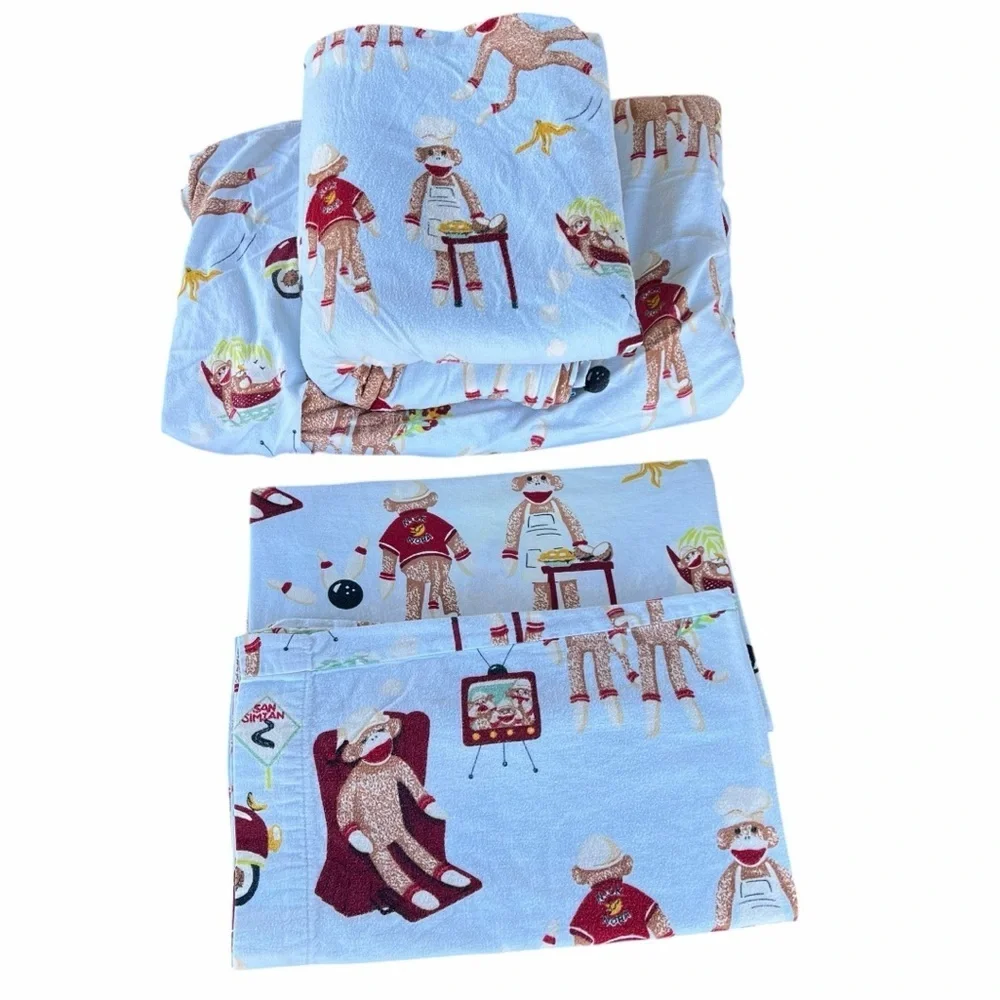 VTG Nick & Nora Sock Monkey 4-Piece Full Size Flannel Sheet Set 100% Cotton READ